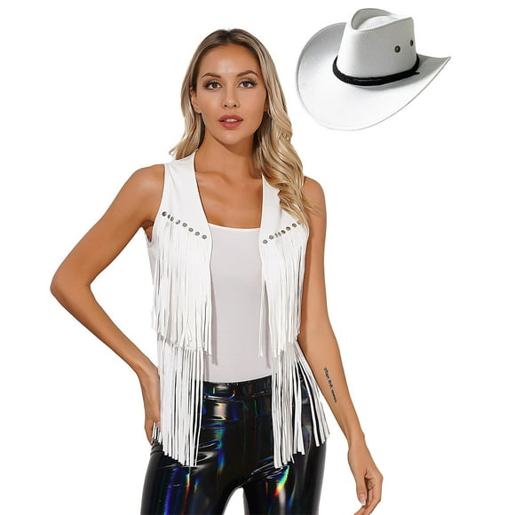 Jowowha Western Cowgirl Outfit for Women Hippie Fringed Waistcoats with Cowboy Hat Country and Fancy Dress White XL