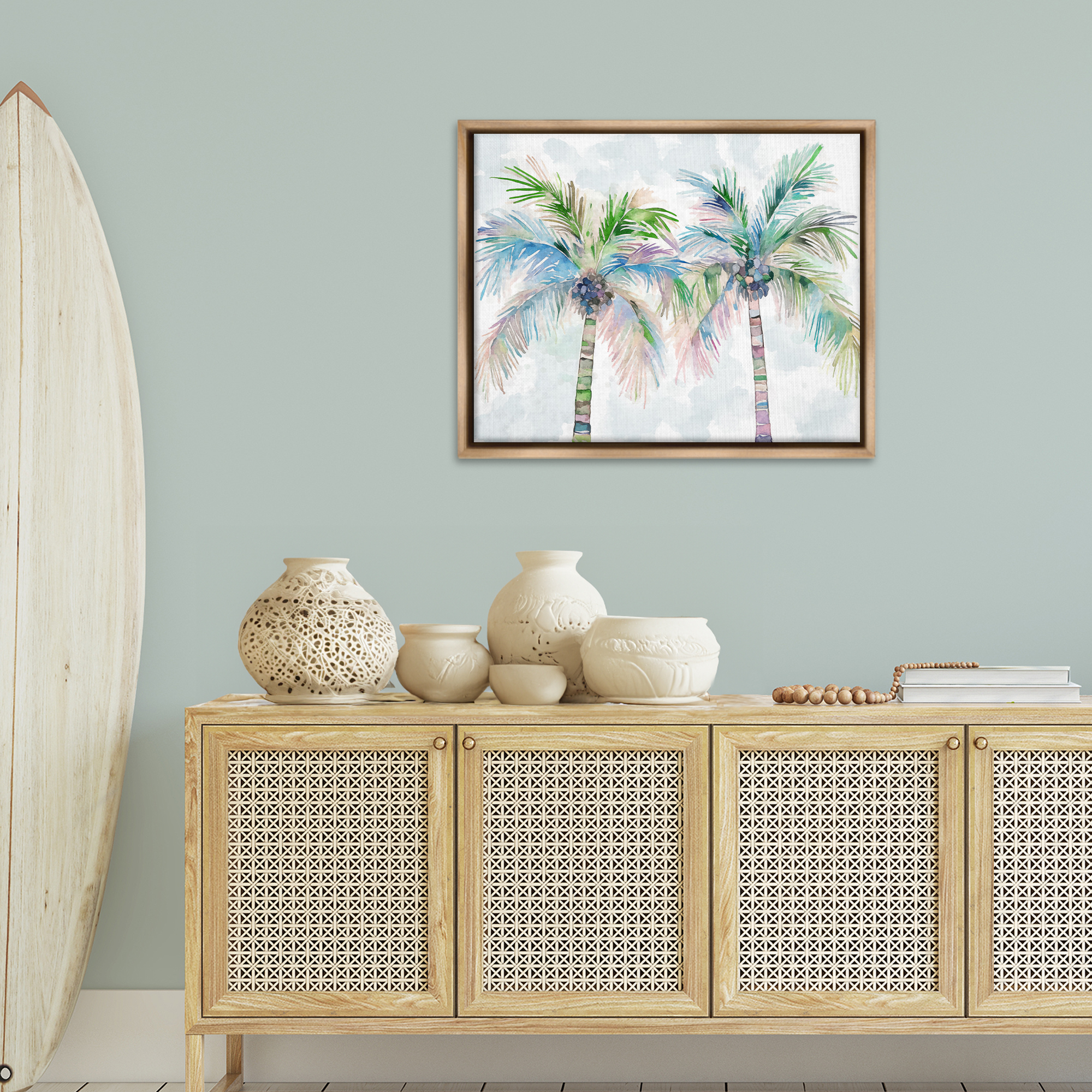 Stupell Industries Soft Palm Tree Pair Botanical & Floral Painting Brown Floater Framed Canvas Art Print Wall Art, 31 x 25