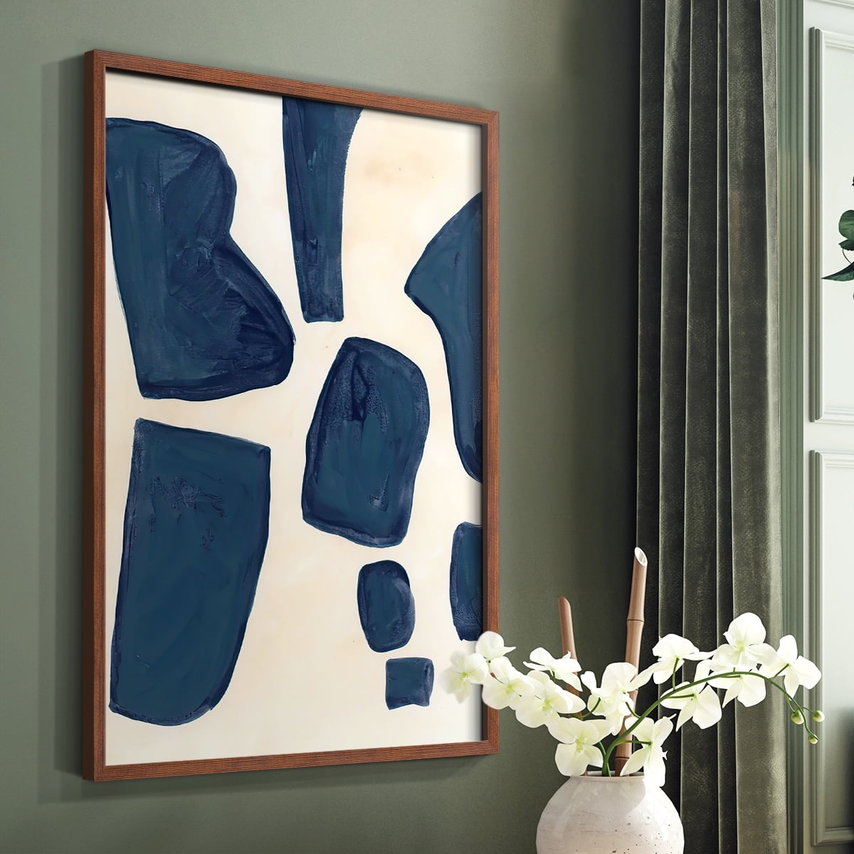 Blue Pieces I Framed Print in Brown Solid Wood Framed Print No Nail Hanging