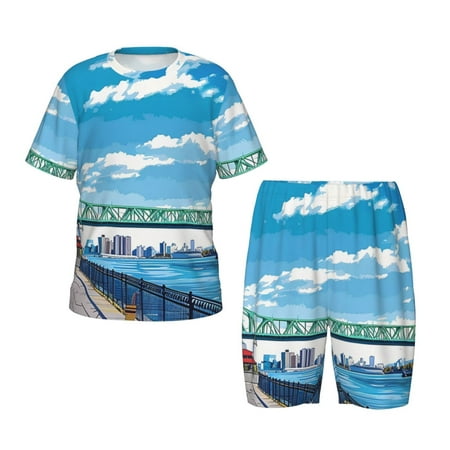 Luyuia Urban Riverside Clock Tower Print Girls  2-Piece Tie-Dye Pajama Set  Cute Summer Loungewear with Shirt and Tank Shorts Nightwear-Small