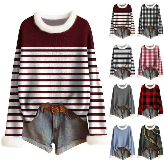 Women's Wool-Collar Pullover Sweater Long Sleeve with Plaid Striped Print Casual Knit for Fall and Winter Style, Perfect for Holiday Events and Everyday Wear, Versatile and Cozy,Black,L