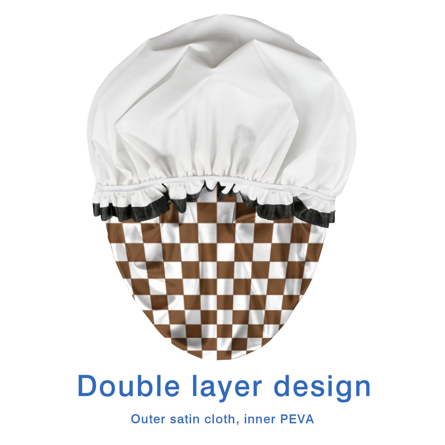 Shower Caps,Brown and White Checkerboard Pattern Waterproof Shower Cap for Women 4 Pieces,Double Reusable Hair Cover for Shower PEVA Elastic Stretch Hem