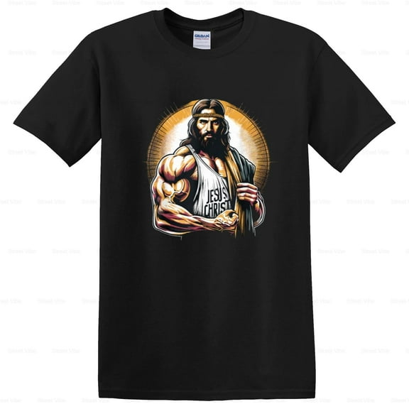Wéar Muscular Jesus Christ Funny Weightlifting Tee, for men & women, up to size 5XL.