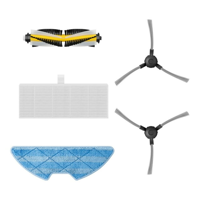 kit de accesorios de repuesto steren para shome-vac Multicolor, repuestos dispuestos: par de cepillos laterales de tres brazos grises, cepillo central rotativo con cerdas negras y banda amarilla, filtro HEPA rectangular blanco y paño microfibra azul acolchado; a menudo usado también para mantener el rendimiento de limpieza regular.