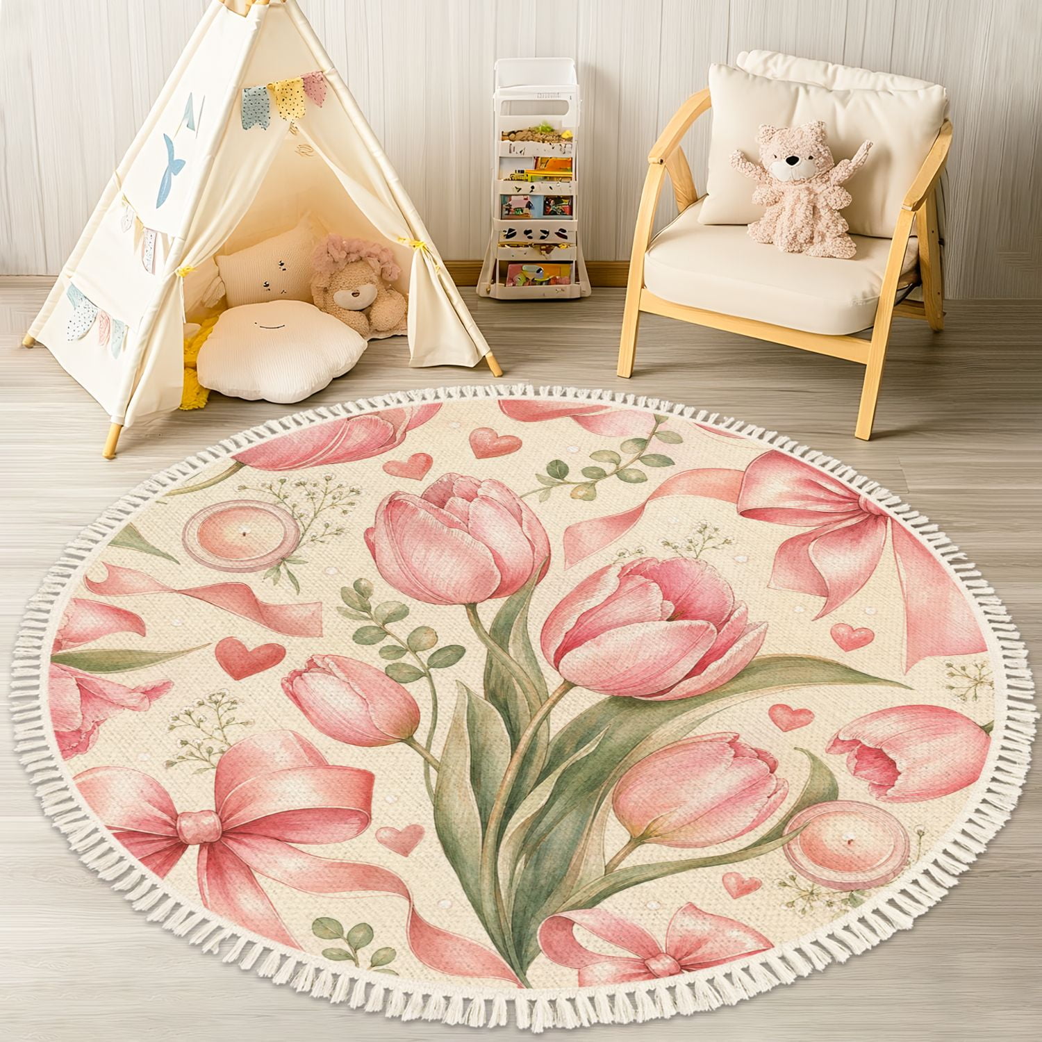 Washable Non Slip 4ft Round Rug Pink Tulips Ribbons Heart Romantic Patterned Design Circle Area Rugs with Tassels Carpet for Nursery Bedroom Living Room Playroom Tent rug Tent Castle