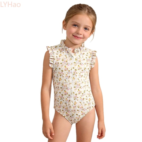 LYHao Floral Print Girls Bikini Swimsuit For Toddlers And Kids With Ruffle Skirt And UPF Sun,One-Piece Swimsuit 3-4 Years Beige