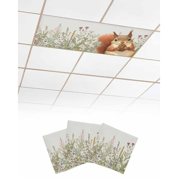 Fluorescent Light Covers for Ceiling Lights 3 Pack, Fall Squirrel Magnetic Ceiling Light Covers 2x4ft for Classroom Office School, Vintage Pastoral Autumn Botanical Overhead Drop Ceiling Light Shade