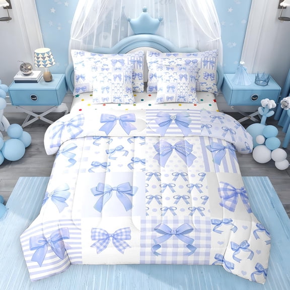 Feelyou Plaid Bowknot Bedding Comforter Set 7pcs, Fairy Princess Queen Bedding Sets