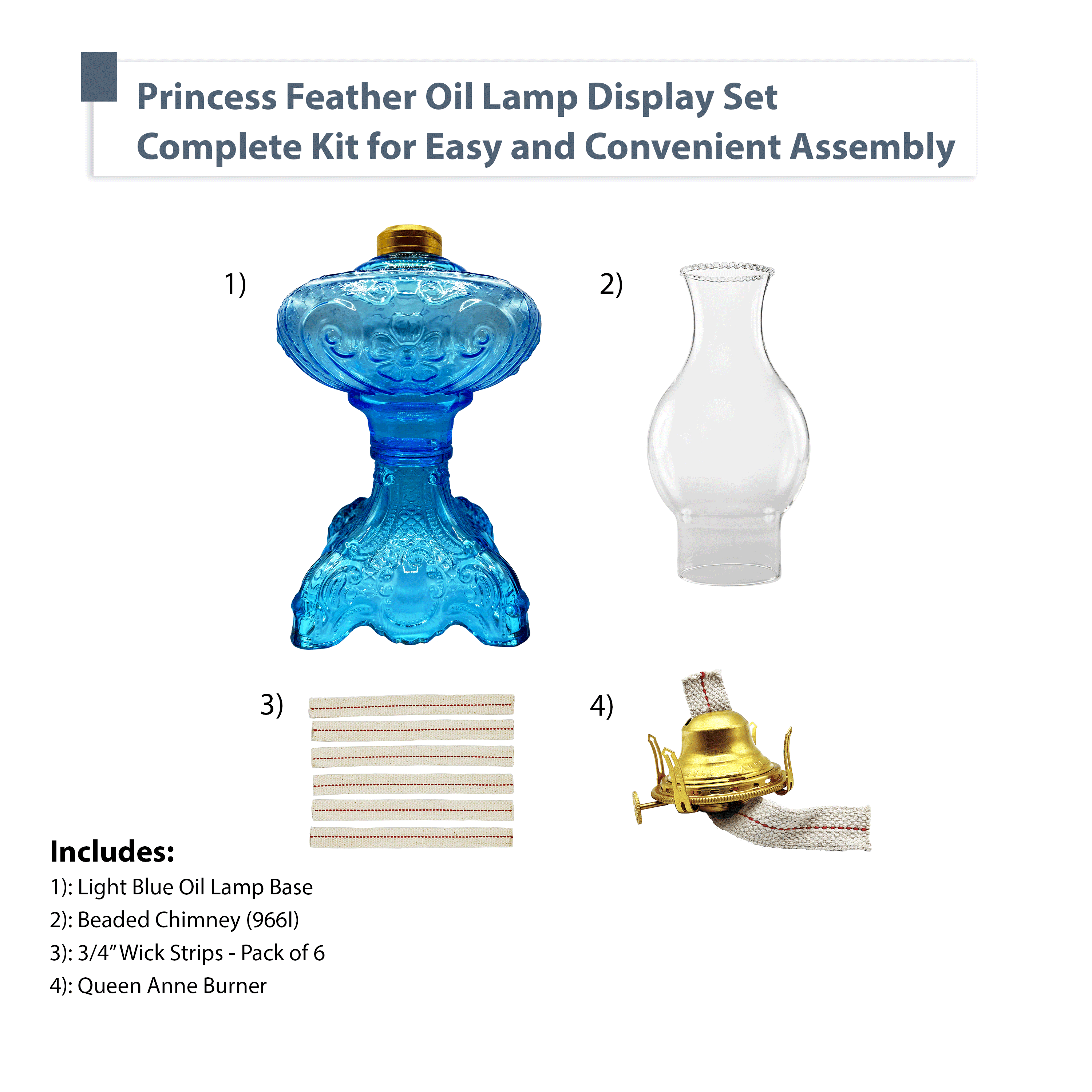Light Of Mine Princess Feather Oil Lamp Ornate Decorative Antique Pedestal Style Glass Oil Hurricane Lamp Clear with 3/4" Wick roll Light Blue
