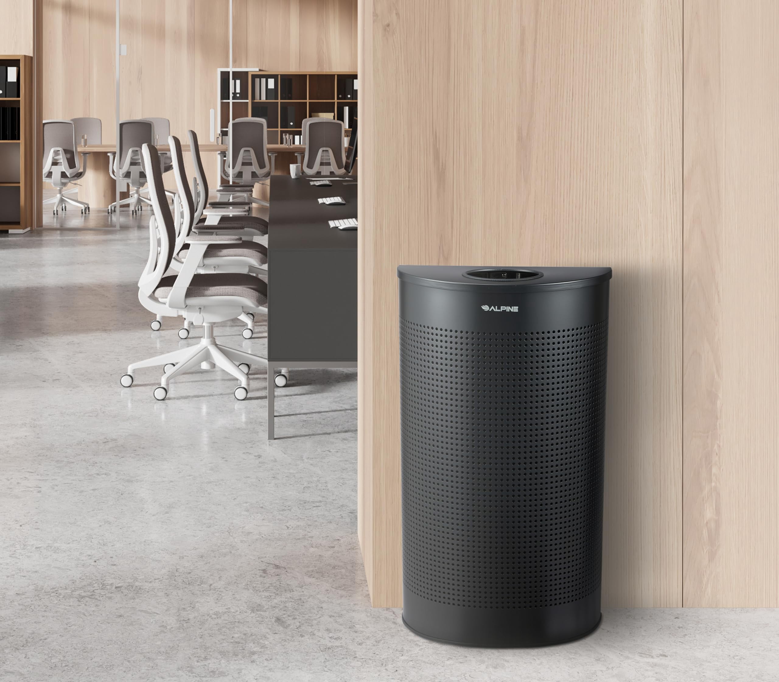 Alpine Half Round Trash Can Open Top - Modern Black Metal 12 Gallon Trash Can, Space Saving Indoor Commercial Trash Can, Perfect for Bathroom, Office, Lobby and Business.