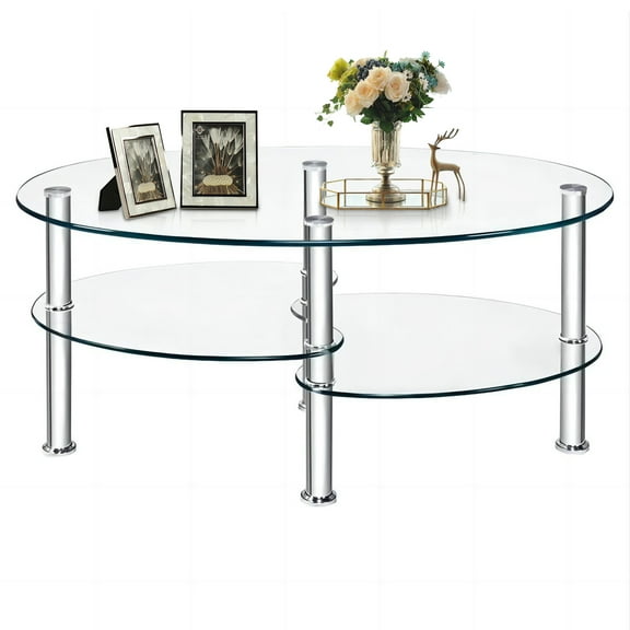 Inolait Oval Glass Coffee Table with Storage Side Shelf and Metal Legs for Living Room Clear