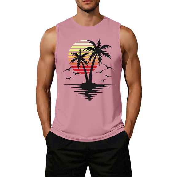 OIOLOYJM Tank Tops for Men Hawaiian Beach Palm Tree Sleeveless Shirts Cotton Muscle Fit Workout Tank Tops Pink L