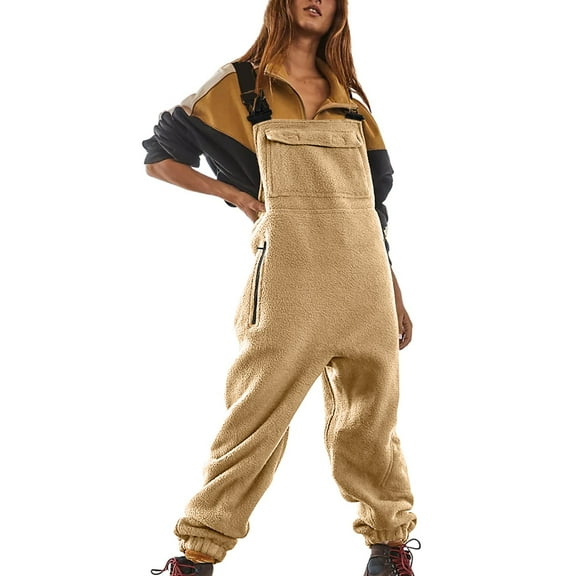 HKYNLAG Womens Fleece Overalls Cute Fleece Adjustable Fit Overalls Fuzzy Sleeveless One-Piece Bib Jumpsuit Pocket Wide Leg Warm Winter Pant Beige XL