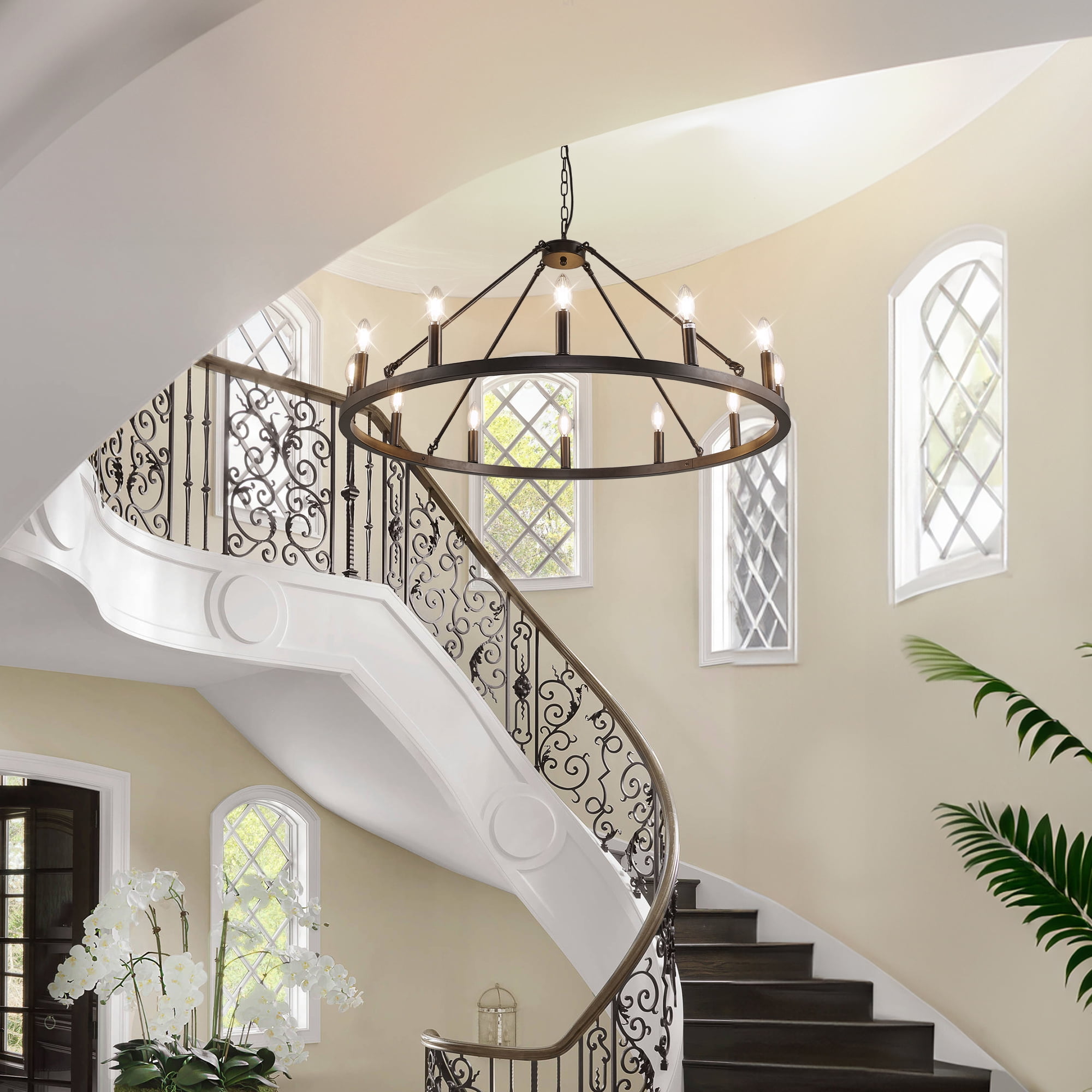 bokifol 37.4" Black Chandelier,12-Light Large Wagon Wheel Chandelier,Round Dining Room Light Fixtures Over Table,Foyer Chandelier for Kitchen Island,Living Room,Bedroom,Entryway