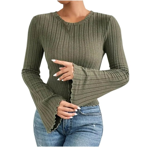 ZUKMRJPC Womens Long Bell Sleeve Shirts Solid Color Slim Fit Knitted Textured T-Shirts Trendy Going Out Fall Winter Fashion Outfits