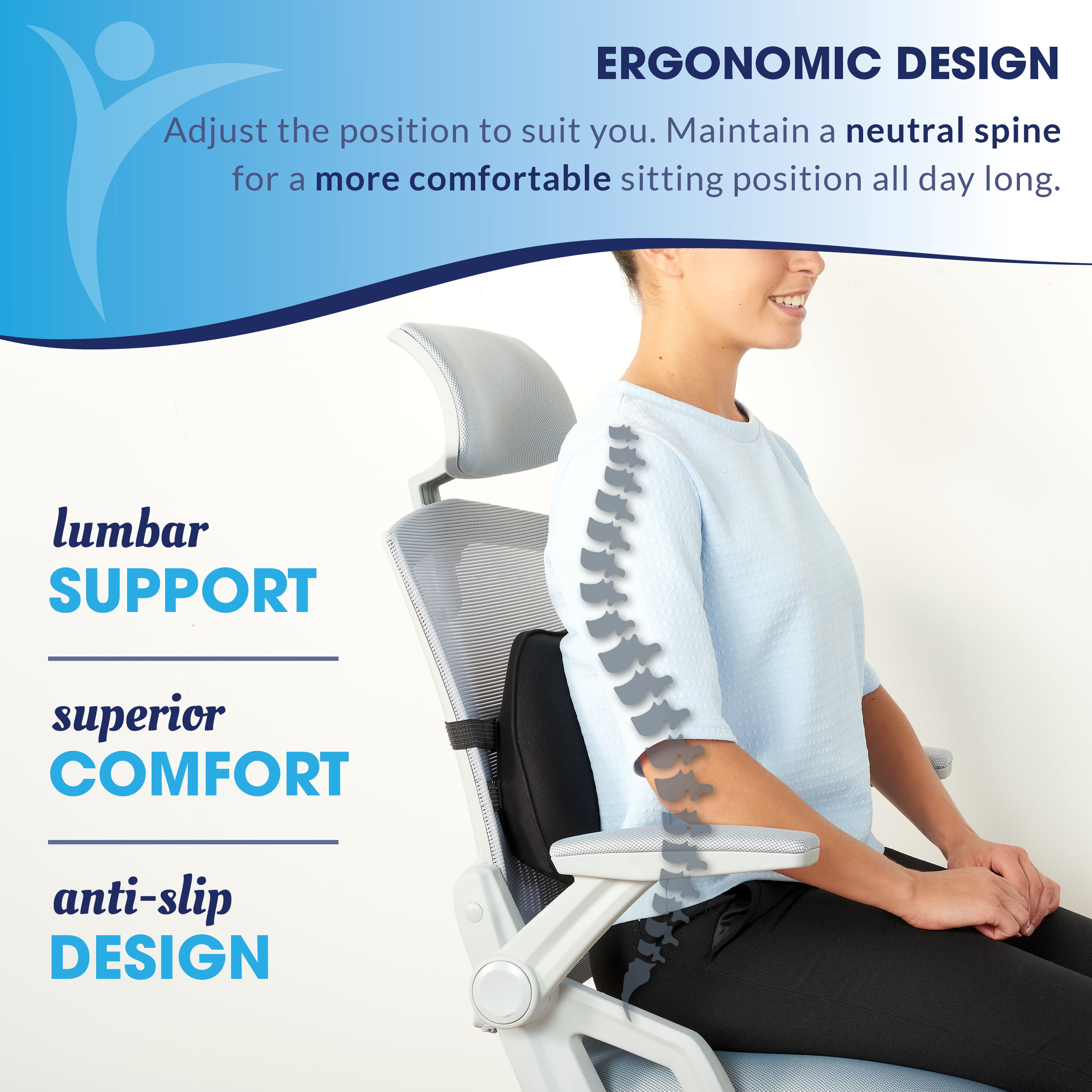 Relax Support RS11-X Lumbar Support Pillow - Medium Firm Memory Foam Office  Chair Back Support - Promotes Spinal Alignment & Better Posture - Non-Slip