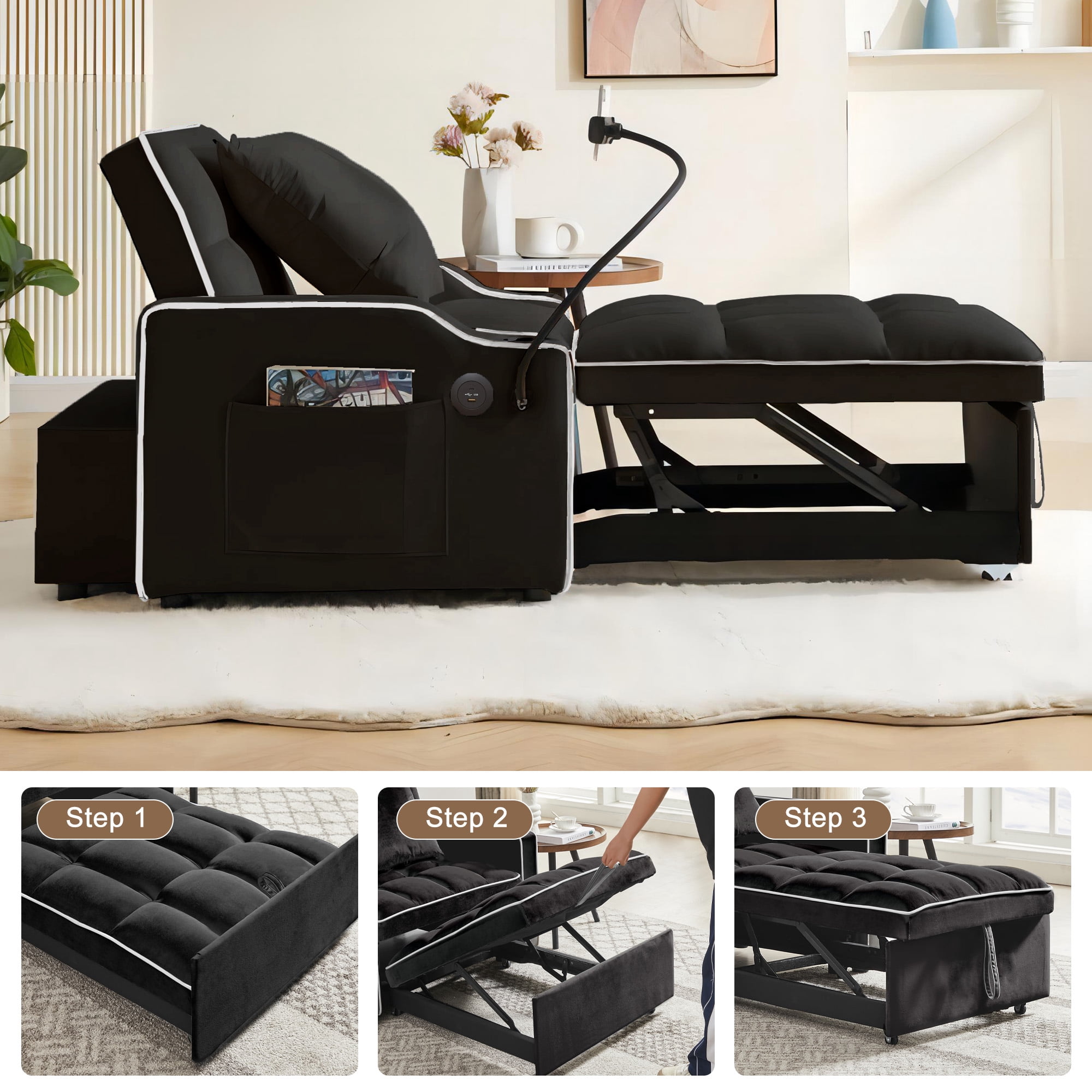 Aukfa Sleeper Chair Bed, Convertible Pull Out Sofa Bed with USB Port, Cup Holders and Swivel Phone Holder, Black