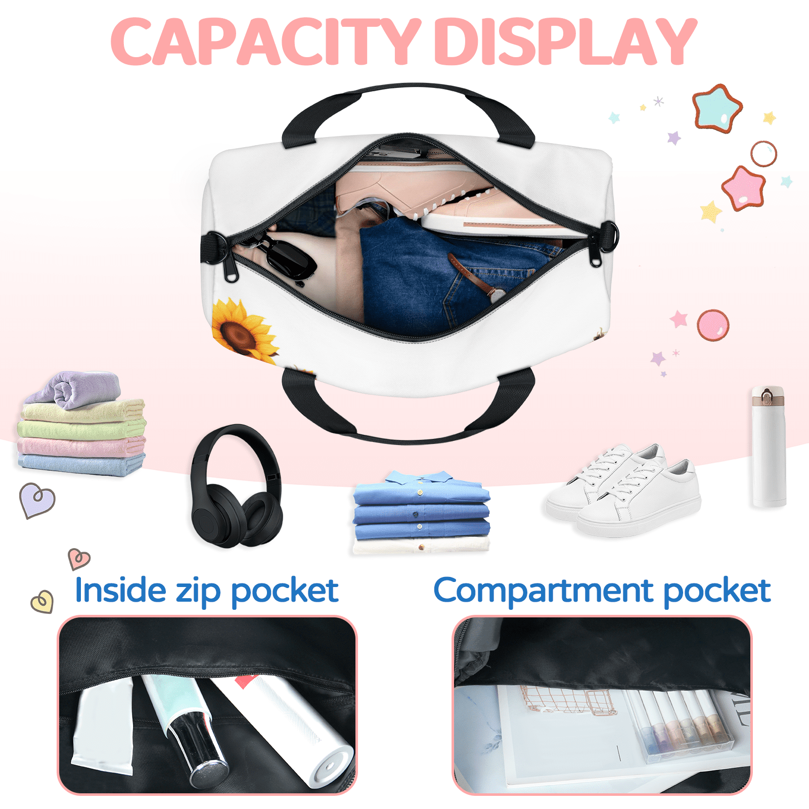 Herdesigns Sunflwer Summer Gym Bag for Women, Duffle Bag for Travel Sport, Lightweight Waterproof Carry on Weekender Overnight Dance Yoga Workout Bags