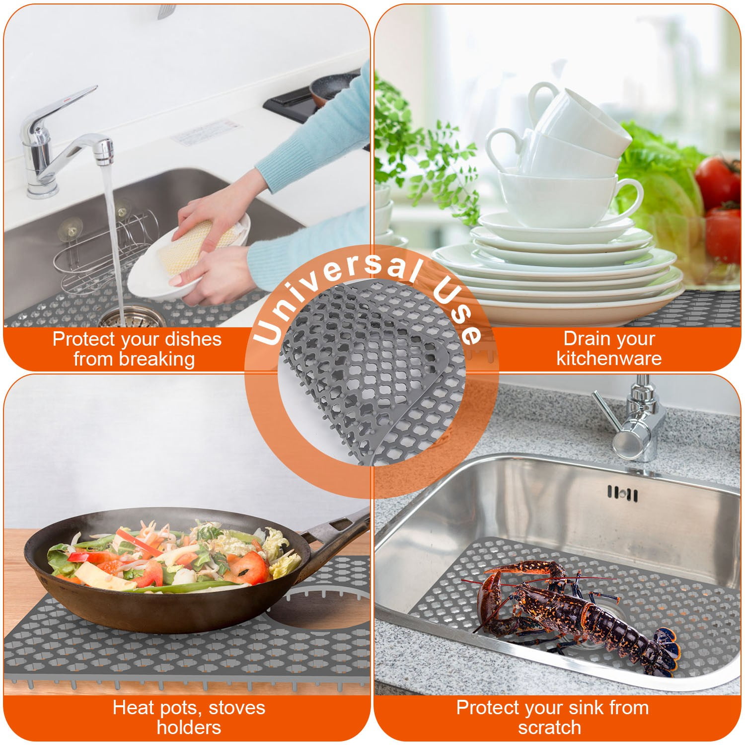 Zorpupoa 2Pcs Kitchen Sink Protector, 11.61x13.58" Silicone Sink Mat with Central Drain Hole Non-Slip Dishwasher Safe, Grey