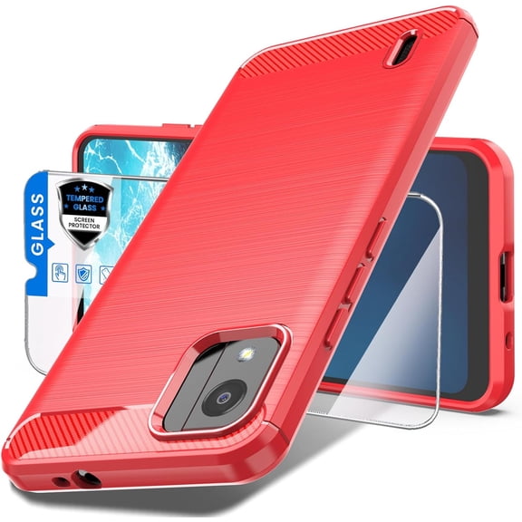 MYKOMI for Nokia C110 Case with Tempered Glass Screen Protector, Shock-Absorption Brushed Flexible Soft TPU Carbon Fiber Protective Cover for Nokia C110 (Red)