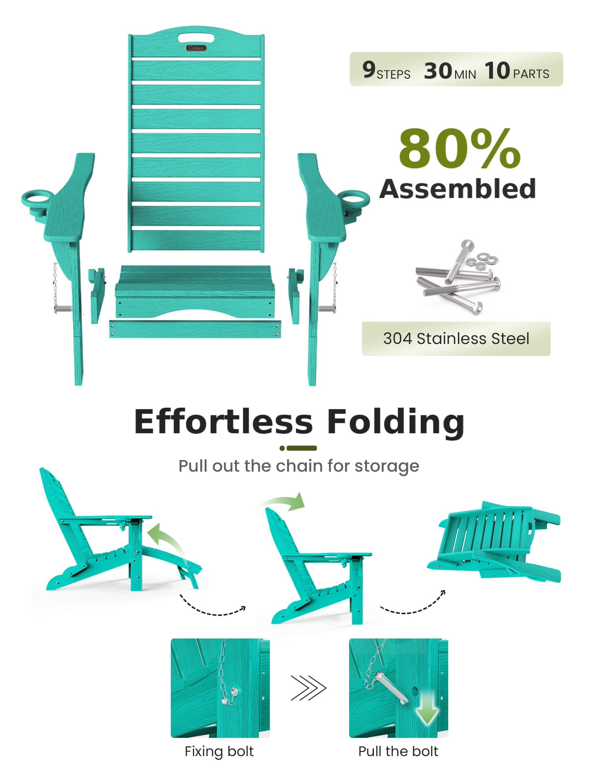 Folding Adirondack Chair Set of 2 with Retractable Ottoman Footrest, Wood Grain HDEP All Weather Fire Pit Chair with 2 Cup Holders for Outdoor, Aqua
