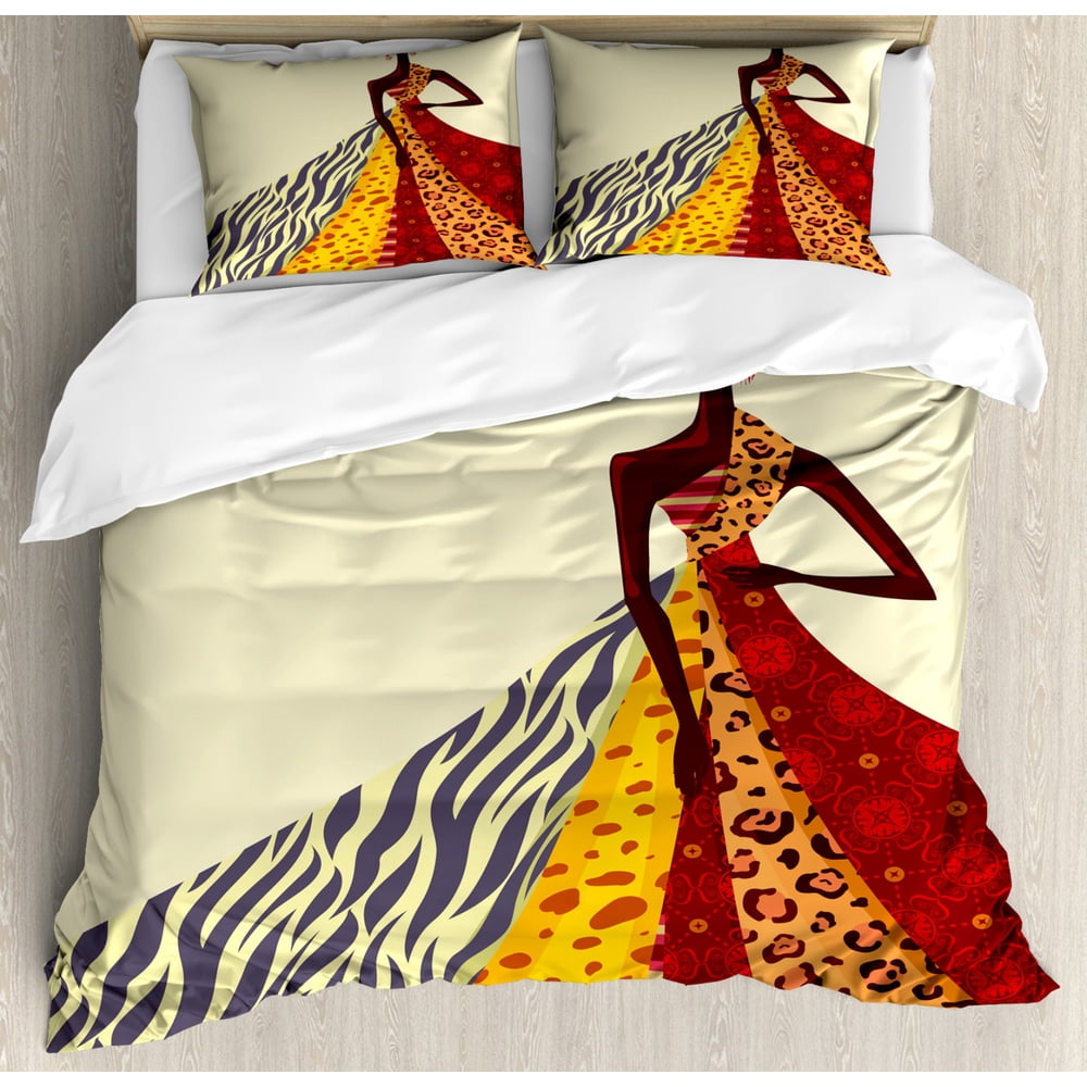 Modern Duvet Cover Set, African Girl Posing with a Dress of Different