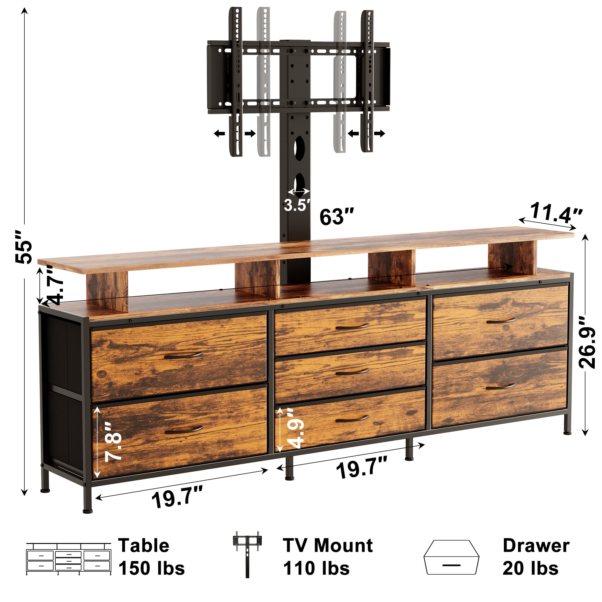 GUNAITO TV Stand with Adjustable Mount for TV up to 75", Big TV Stand for Living Room with 7 Fabric Drawers , Rustic Brown