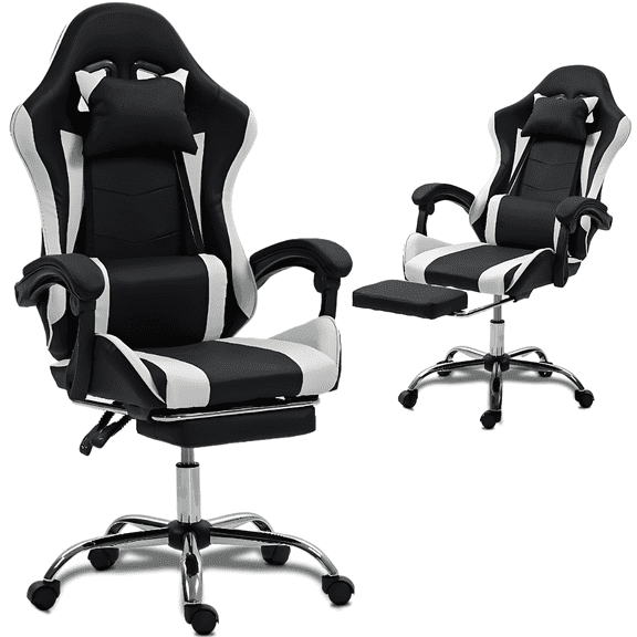 WENTUM Gaming Chair with Massage Lumbar Support Ergonomic Video Game Chair, Adjustable Headrest & Footrest, White
