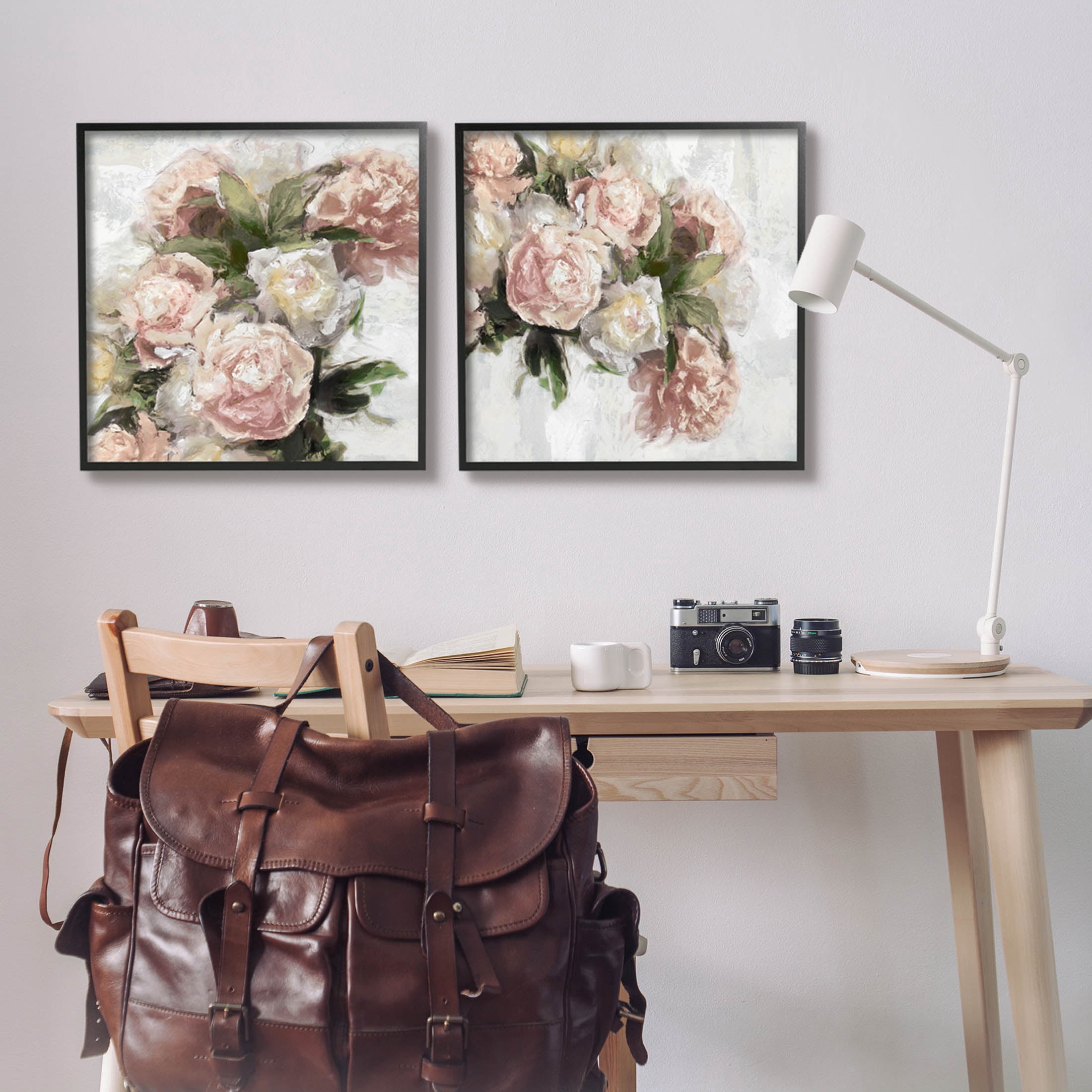 Traditional Peony Blossoms Arrangement Botanical & Floral Graphic Art Black Framed Art Print Wall Art, Set of 2