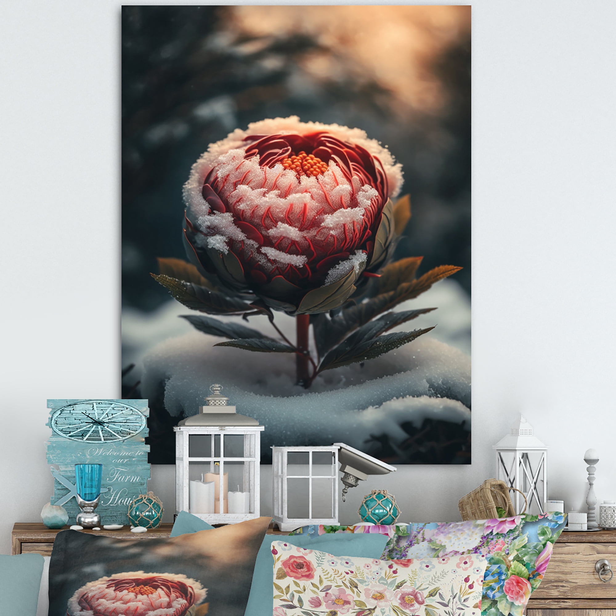 Designart A Blooming Red Peony Flower In Winter I Canvas Wall Art