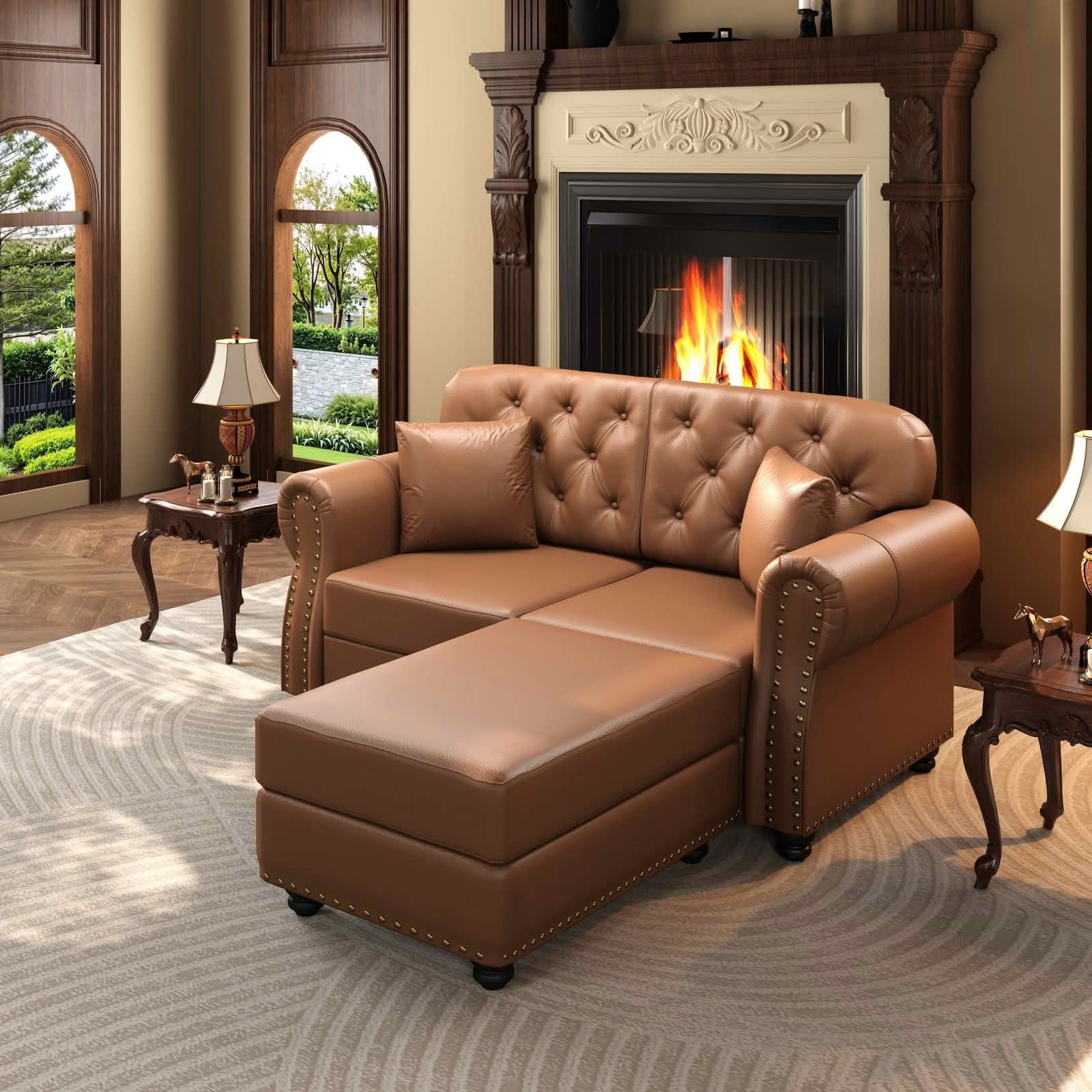 MAYEERTY 63" Upholstered Faux Leather Loveseat Sofa with Ottoman, Mid‑Century Modern Chesterfield Couch with Button Tufted, Nailhead Trim & Rolled Armrests, Includes 2 Pillows