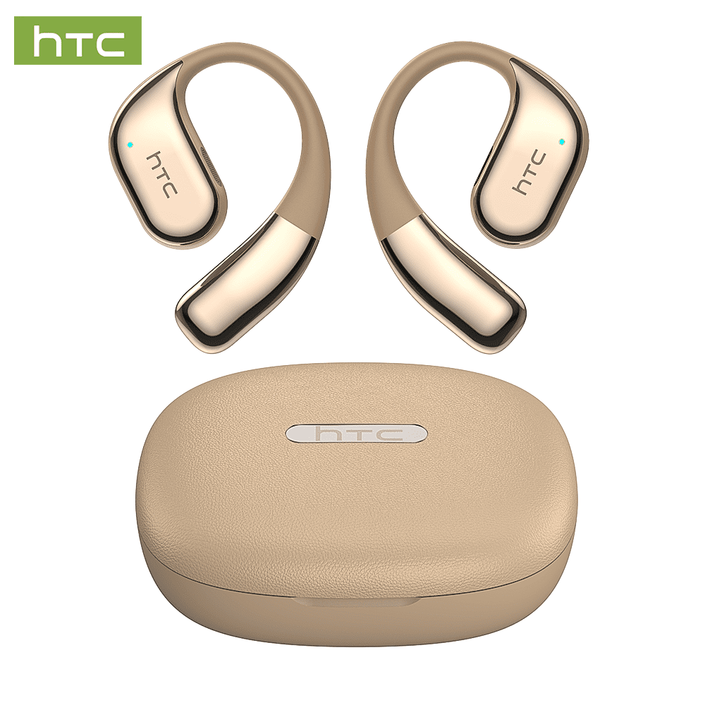 HTC NE39 Wireless Bluetooth 6.0 Open-Ear Earbuds, AI Translator, Noise-Cancelling Headphones, 130+ Languages, 40H Playtime, IPX5 Waterproof, Beige + Gold+Earbud Case