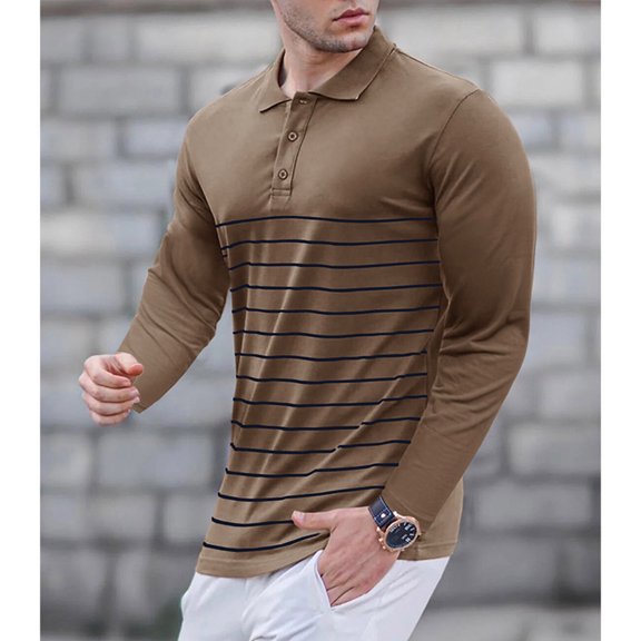 Men's Shirt Casual Dress Button Polo T Shirt Long Sleeve Work Tops Striped Color Block Basic Tees Trendy Regular Fit Shirt Top