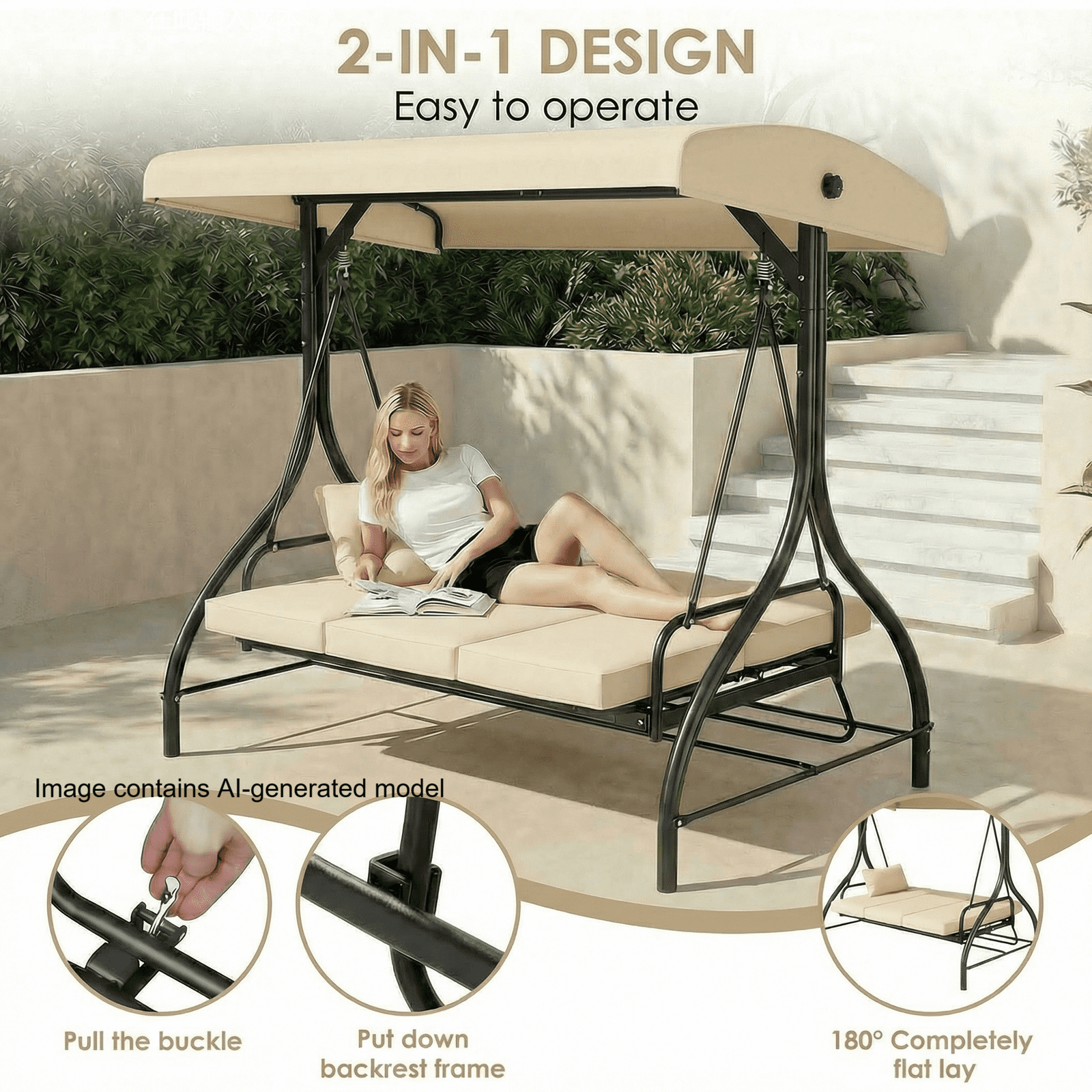 Pirecart 3-Seat Patio Porch Swing, Outdoor Converting Swing Chair with Canopy & Cushion, Graden, Yard, Beige