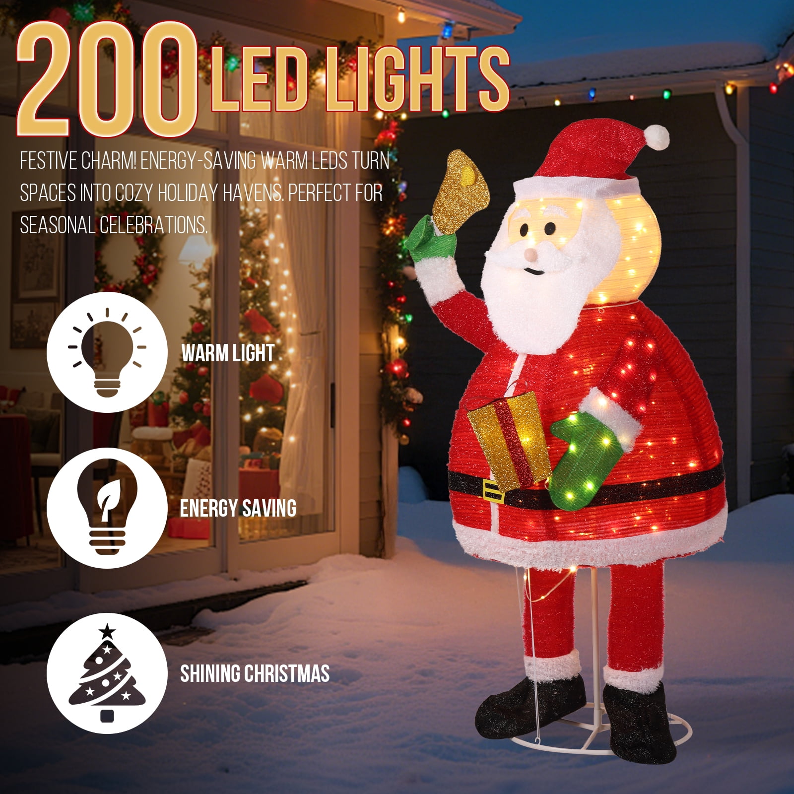 Astoutdoor Lighted Santa Claus Christmas Yard Decoration, Pre-Lit Pull-Up with 200 Warm White LEDs, 32.68 in x 7.09 in x 31.50 in, White