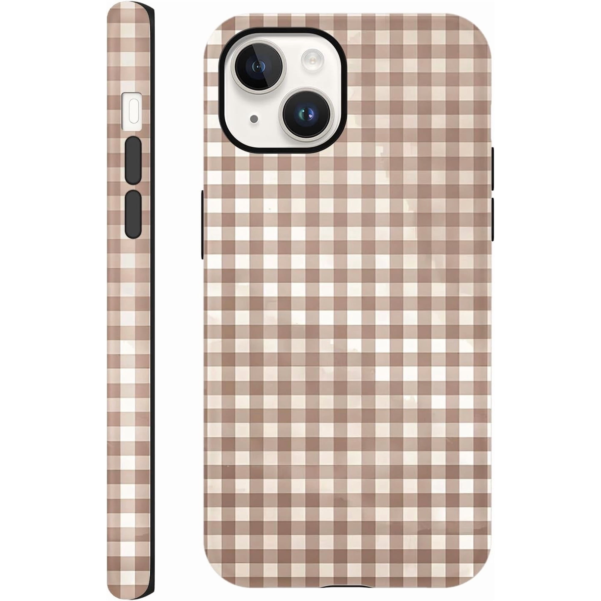 Cute Brown Checkered Phone Case for iPhone 14 Plus Case 6.7 Aesthetic Trendy Gingham Grid Pattern Design 2-in-1 Matte Cover Shockproof Slim Soft TPU Hard PC Protection Girls Women Funda