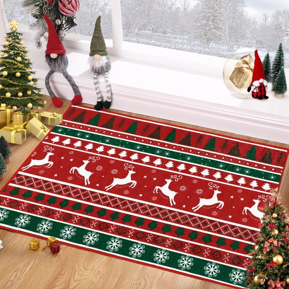 Washable Christmas Rug, Area Rug for Living Room Christmas Tree Reindeer Indoor Floor Carpet Non-Slip Festive Indoor Rug Foldable Low Pile Floor Mats for Bedroom, Office