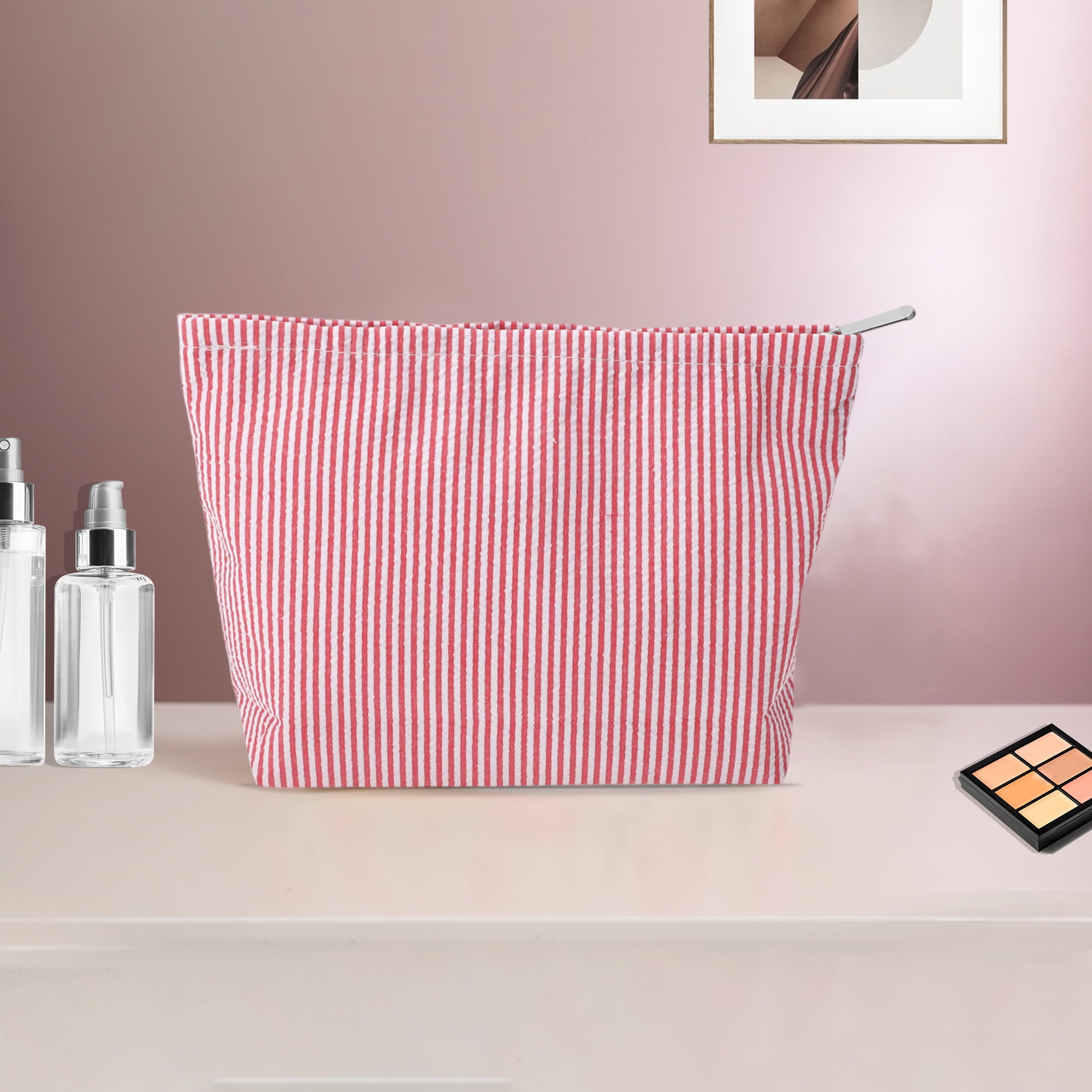 Unique Bargains 1 Pc Seersucker Stripes Makeup Bag Red, White