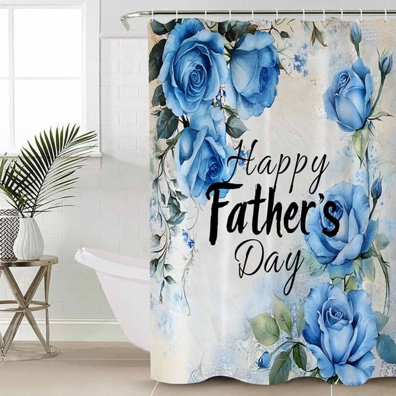 Happy Father's Day Standard Shower Curtain Set, Waterproof Shower Curtains for Bathroom, Blue Spring Garden Floral Washable Fabric Cloth Bath Curtain for Bathtub Decoration with Hooks 72x72 Inches