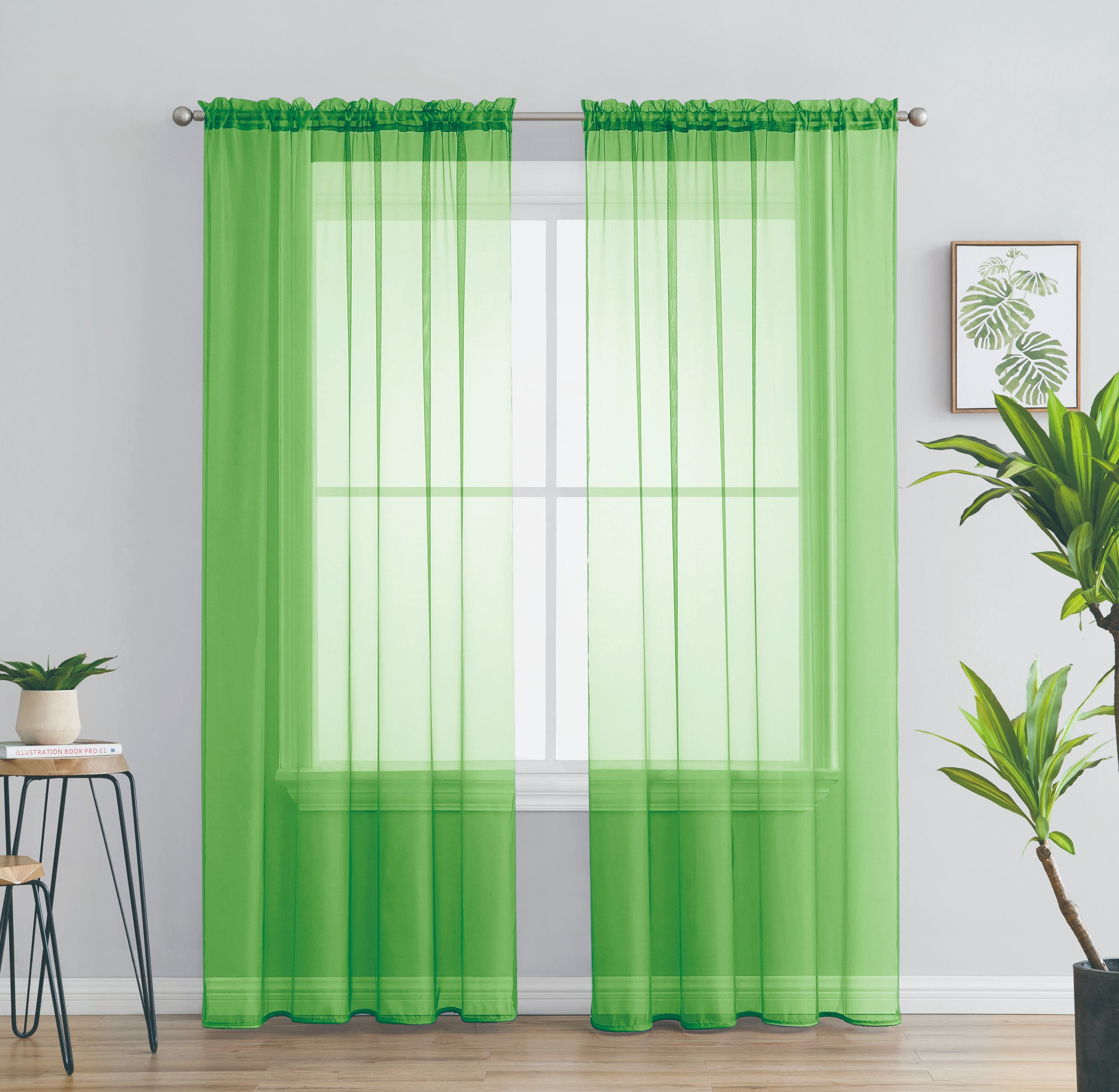 2 Piece Solid Rod Pocket Sheer Window Curtains Sheer Lime Green ...