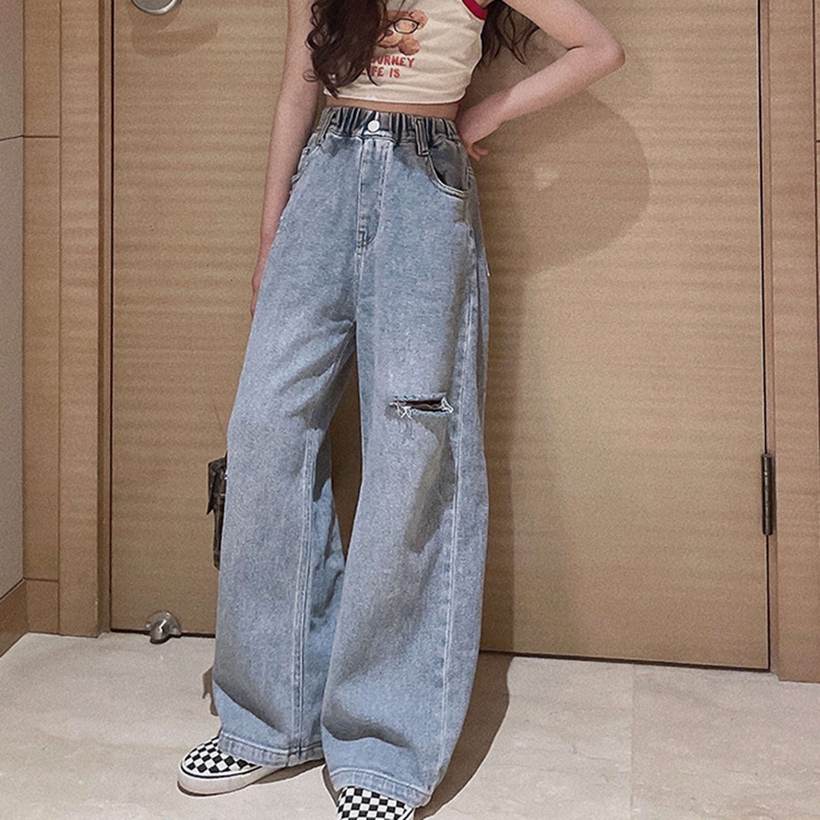 JAHH Edgy Girls' Wide-Leg Jeans Stretchable Denim for Spring