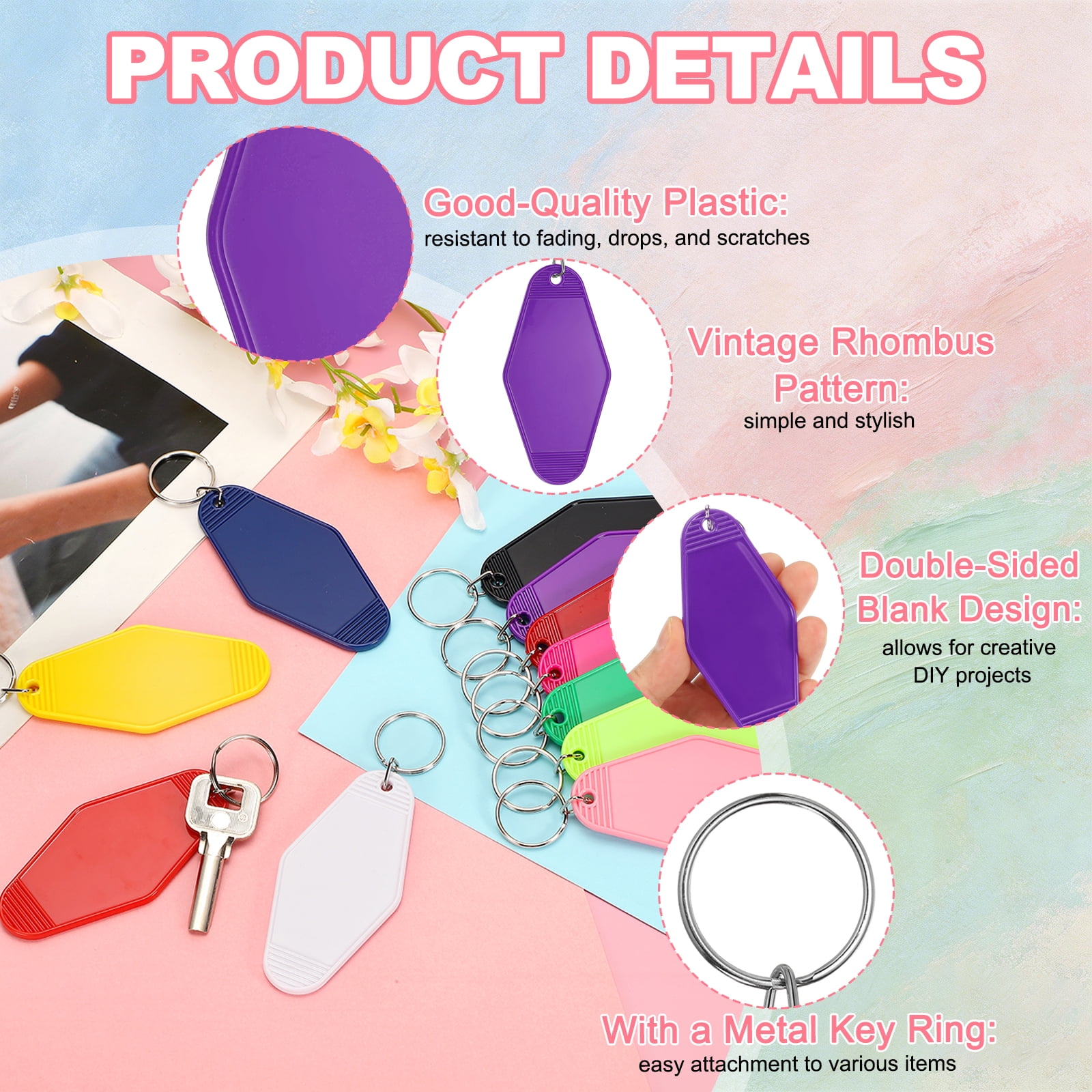 Uxcell 55 Pcs Blank Hotel Keychain Tags - Dark Violet Vintage Motel Key Tag Plastic Rhombus Keychain with Key Ring,[for Vinyl DIY Crafts Car Ornament Sublimation Luggage Label]