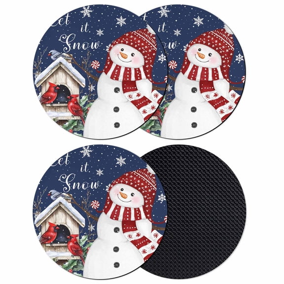 Navy Blue Snowman Christmas Coasters Set of 4, Absorbent Coasters for Drinks, Xmas Snowflake Birds Berry Winter Coaster for Desk Coffee Table Protection, Home Decor House Warming Gifts 4"