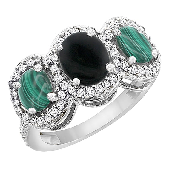 14K White Gold Natural Black Onyx & Malachite 3-Stone Ring Oval Diamond Accent, size 9