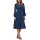 thumbnail image 2 of Vestido V de Cuello Inspire Chic para Mujer con Mangas de Linterna, Volantes, Corte A, Elegante, Casual, Midi, Color Azul Oscuro, 2 of 6