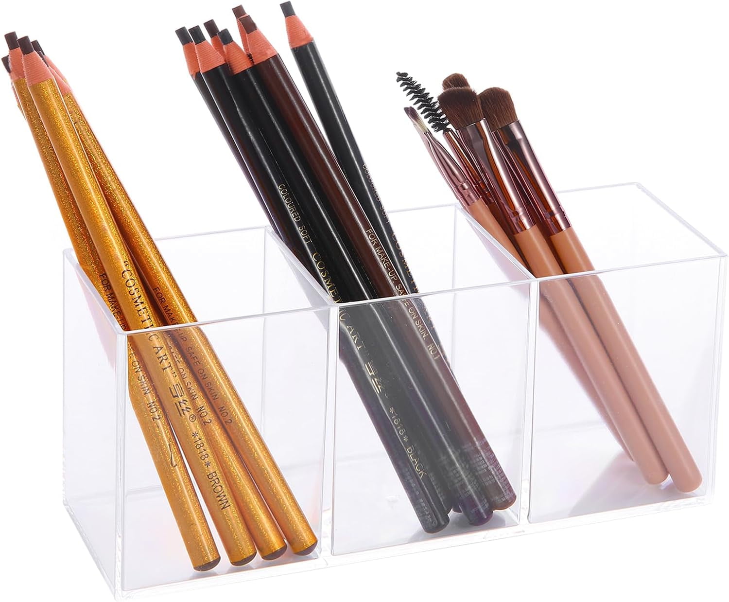 Acrylic Pen Holder 3 Compartments, Clear Pencil Organizer Cup for Countertop Desk Accessory Storage， Perfect for Office, Bedroom, and Bathroom Storage