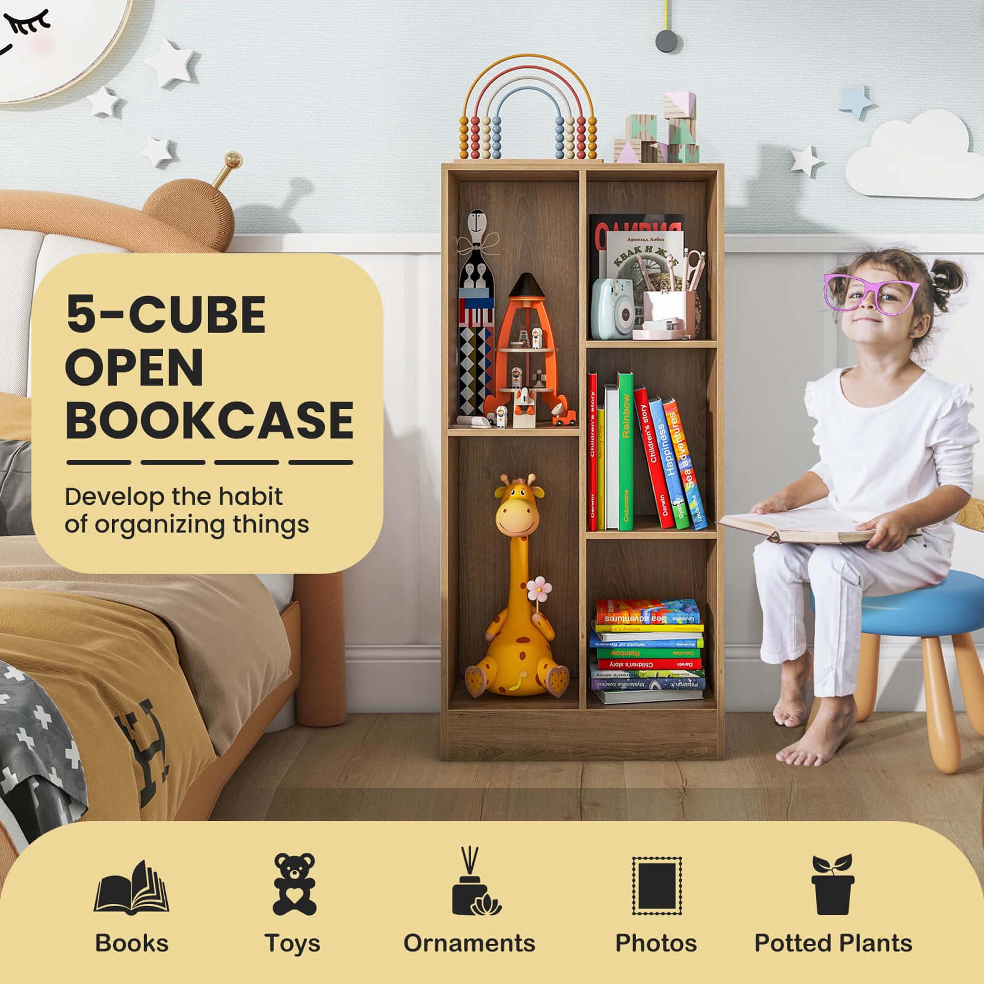 Costway 5-Cube Bookcase for Kids 41" Wooden Toy Storage Organizer for Kid's Room Natural