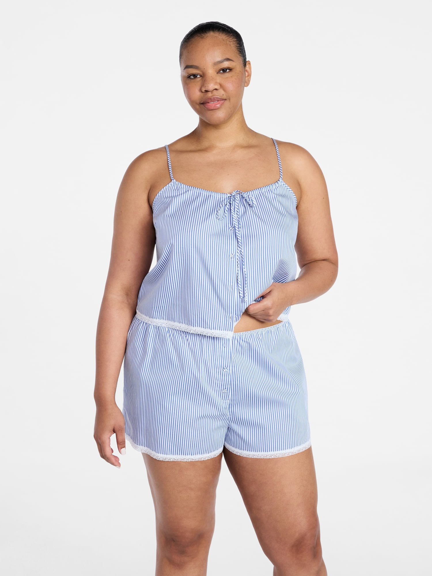 Joyspun Women's Poplin Cami and Shorts Sleep Set with Lace Trim, 2-Piece, Sizes XS-3X
