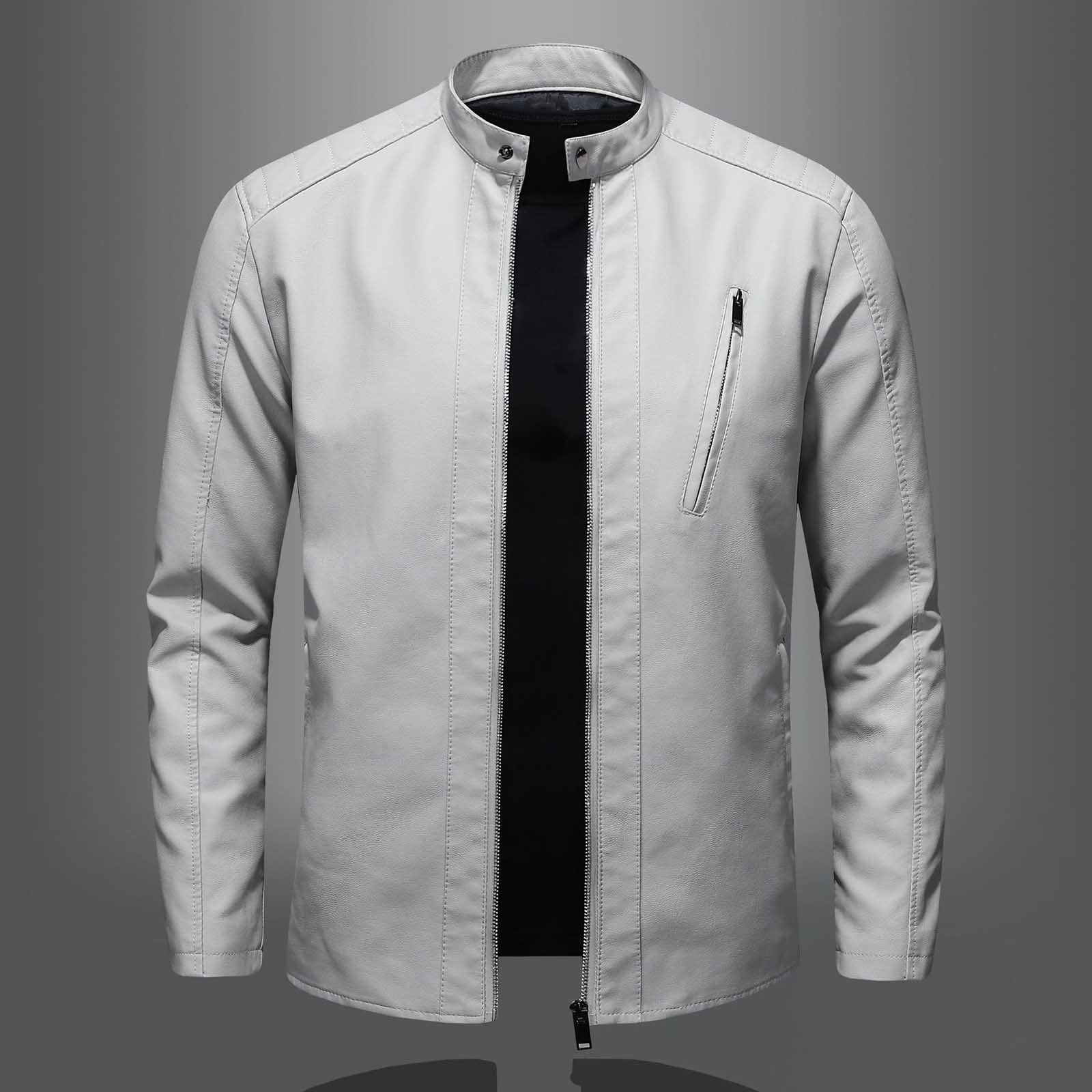 Dpytoraw Men Large Size Standing Collar Leather Jacket Trend Slim Casual Motorcycle Jacket