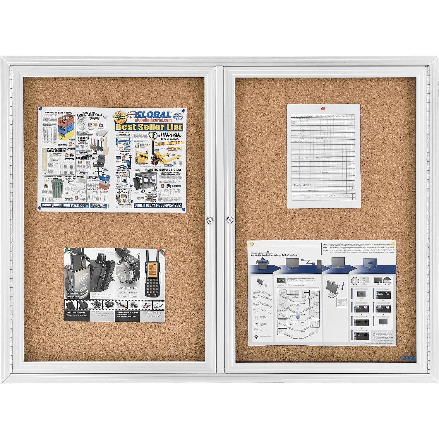 Global Industrial Enclosed Bulletin Board - Cork - Aluminum Frame - 48" x 36" - 2 Door